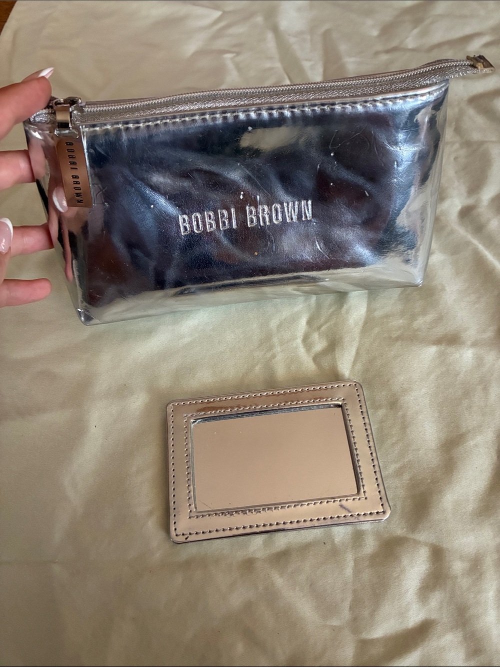 Bobbi Brown Silver Metallic Makeup Pouch with Matching Mirror Card